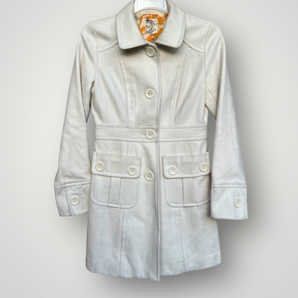 Tulle ivory wool large button accent wool pea coat